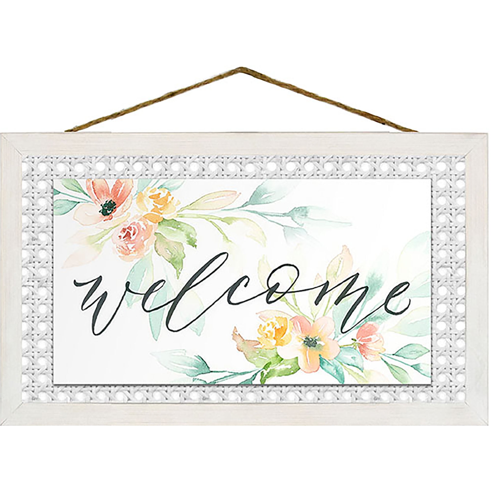 Welcome Floral Rattan Wall Plaque 9" x 15"