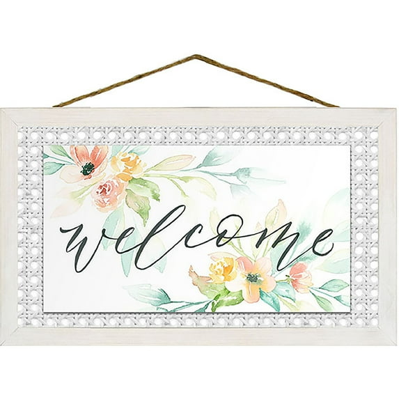 Welcome Floral Rattan Wall Plaque 9" x 15"