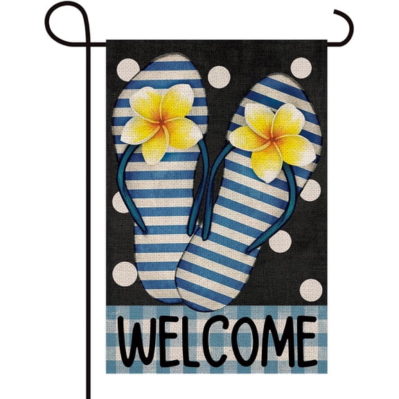 Welcome Floral Stripes Flip Flops Decoration Double Sided Burlap Garden Flag Summer Dot Buffalo Check Rustic Farmhouse Beach Outdoor Yard Flag 12" x 18"