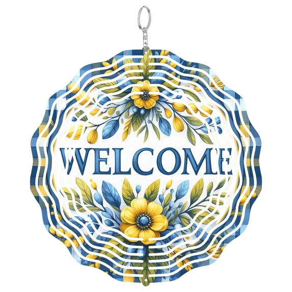 Welcome Floral Wind Spinner Metal Outdoor Decor Farmhouse Botanical Blue Yellow