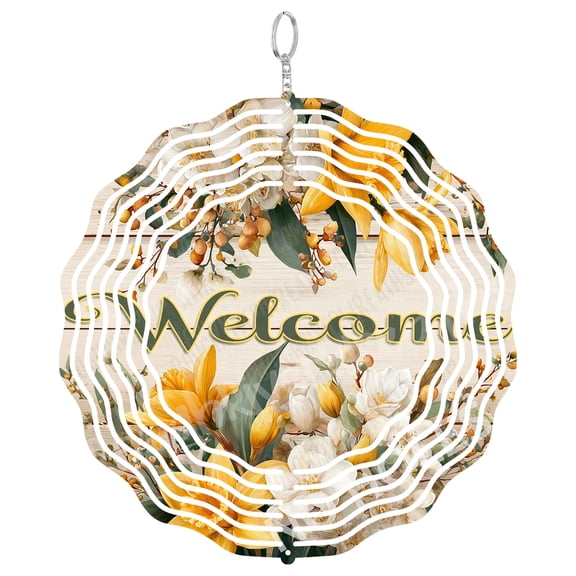 Welcome Floral Wind Spinner Metal Outdoor Decor Rustic Farmhouse Style Yellow White Green