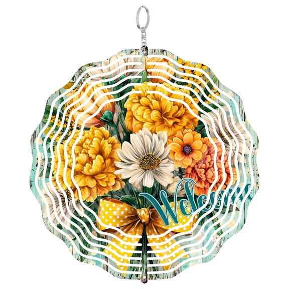 Welcome Floral Wind Spinner Metal Outdoor Decor Rustic Farmhouse Yellow Teal Finish