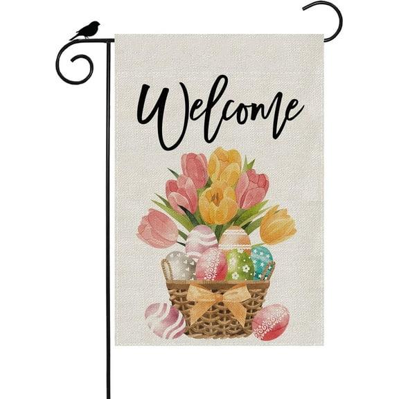 Welcome Flower Eggs Easter Garden Flag Small Burlap 12.5x18 Inch Mini Vertical Double Sided Outside Yard Holiday Outdoor Farmhouse Decoration