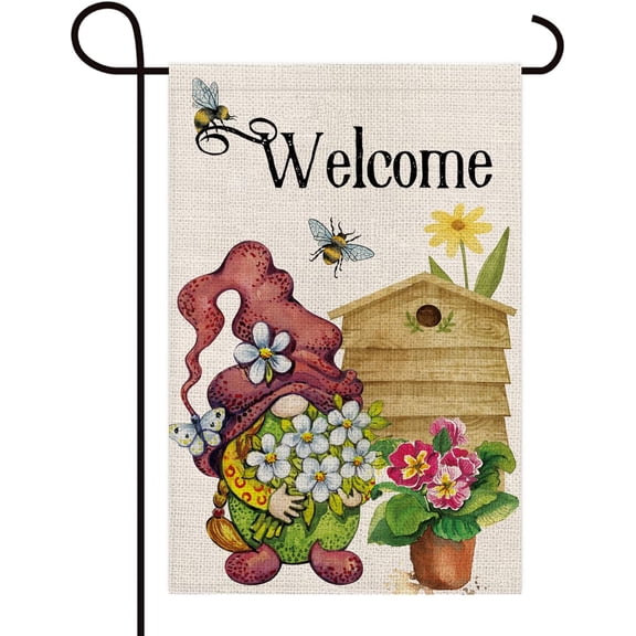 Welcome Flower Gnome Decoration Double Sided Burlap Garden Flag Spring Summer Seasonal Outdoor Yard Flag 12" x 18"