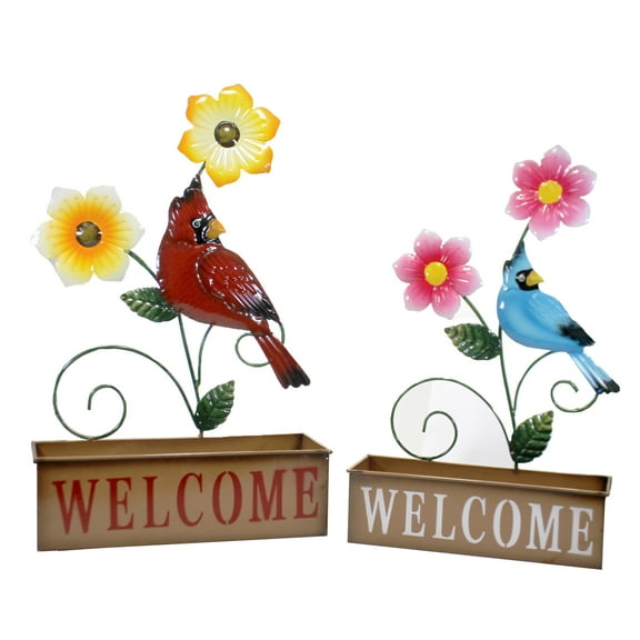 Welcome Flower Planters Set / 2 - 2 Metal Planters 23 Inch, Metal - Cardinal Blue Bird Floral 31835584 Set/2