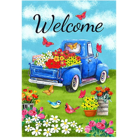 Welcome Flower Truck House Flag Spring Old Truck Blue Daisy House Yard Flag 28 x 40 Inch