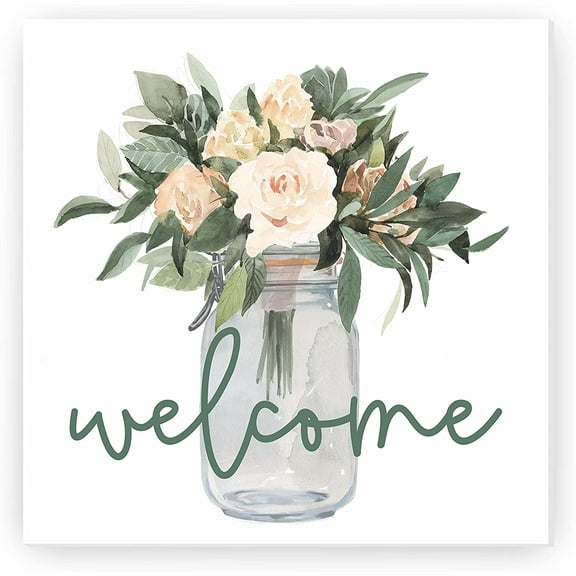 Welcome Flowers In Mason Jar Rustic Wood Farmhouse Wall Sign 12x12 (Unframed)
