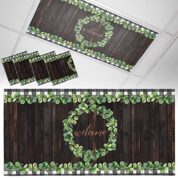 Welcome Fluorescent Light Covers Spring Eucalyptus Leaf Plaid Farmhouses Brown Wood Magnetic Light Filters Ceiling Lighting Panel Shade for Classroom Office Home 2 x 4 ft, 4 Pack