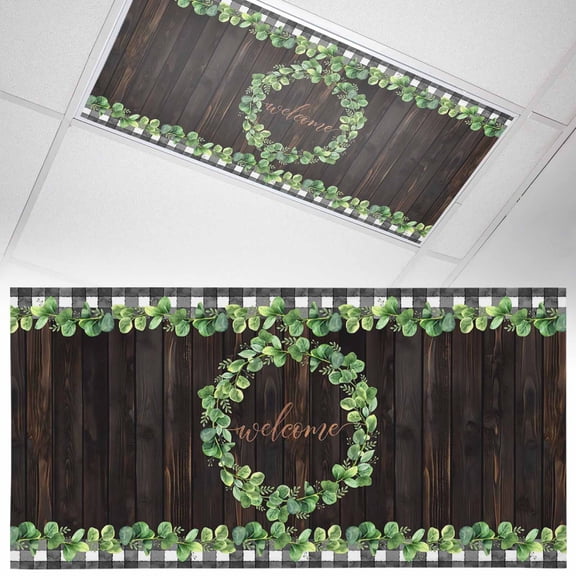 Welcome Fluorescent Light Covers Spring Eucalyptus Leaf Plaid Farmhouses Brown Wood Magnetic Light Filters Ceiling Lighting Panel Shade for Classroom Office Home 2 x 4 ft, 1 Pack