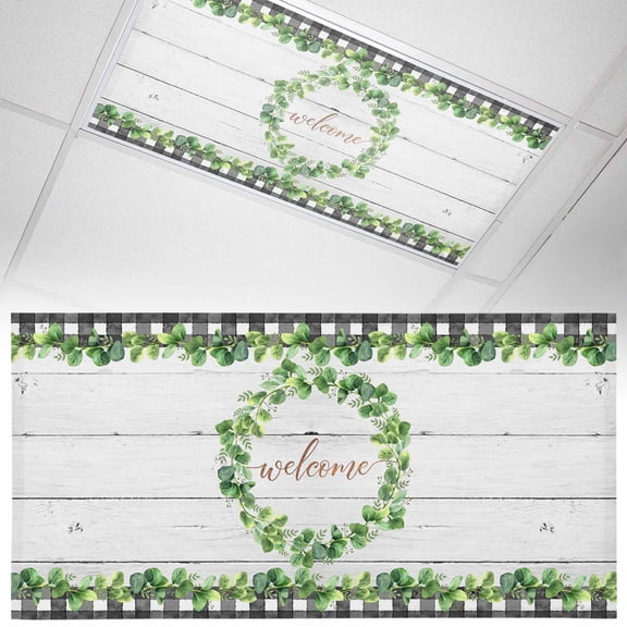 Welcome Fluorescent Light Covers Spring Eucalyptus Leaf Plaid Farmhouses White Wood Magnetic Light Filters Ceiling Lighting Panel Shade for Classroom Office Home 2 x 4 ft, 1 Pack