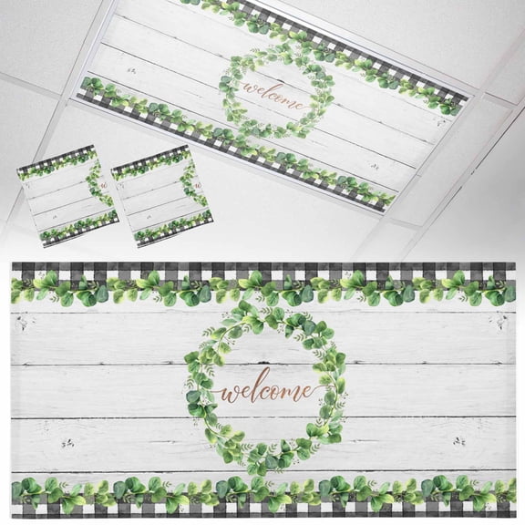 Welcome Fluorescent Light Covers Spring Eucalyptus Leaf Plaid Farmhouses White Wood Magnetic Light Filters Ceiling Lighting Panel Shade for Classroom Office Home 2 x 4 ft, 2 Pack