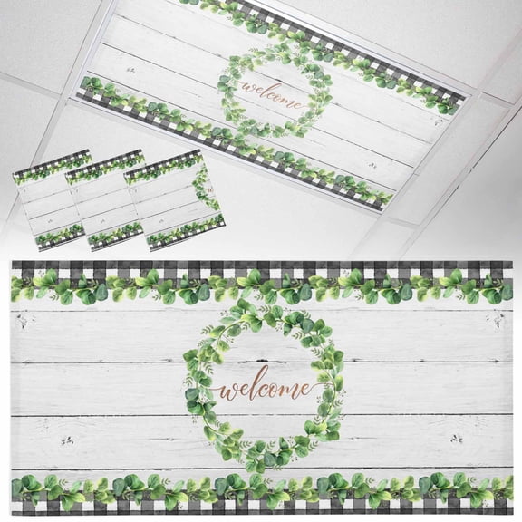 Welcome Fluorescent Light Covers Spring Eucalyptus Leaf Plaid Farmhouses White Wood Magnetic Light Filters Ceiling Lighting Panel Shade for Classroom Office Home 2 x 4 ft, 3 Pack
