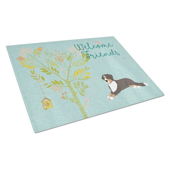 Welcome Friends Bernese Mountain Dog Glass Cutting Board Large
