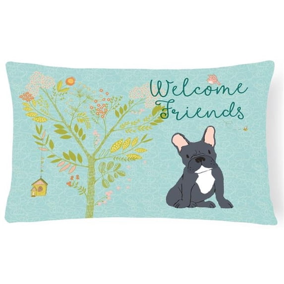 Welcome Friends Black French Bulldog Canvas Fabric Decorative Pillow - 12 x 16 in.