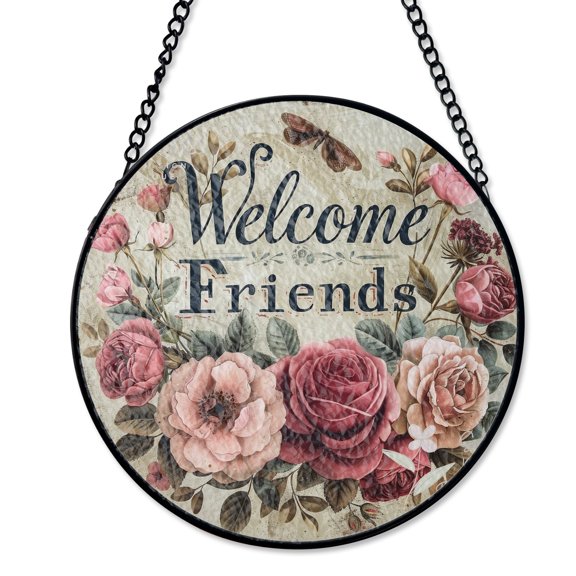 Welcome Friends Cream And Red Peony Suncatcher Stained Glass Style UV Printed Glass Elegant Floral Decor Round