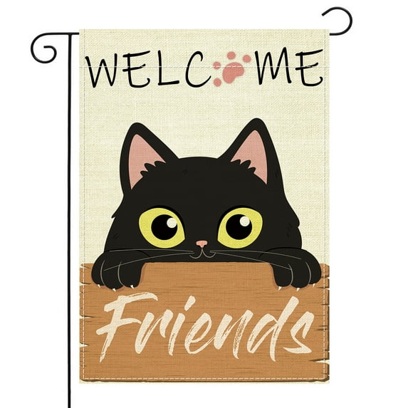 Welcome Friends Garden Flag 12 x 18 inch Double Sided Black Cat Burlap Garden Yard Flag Flag for Home Outside Outdoor Decoration (Black Cat)