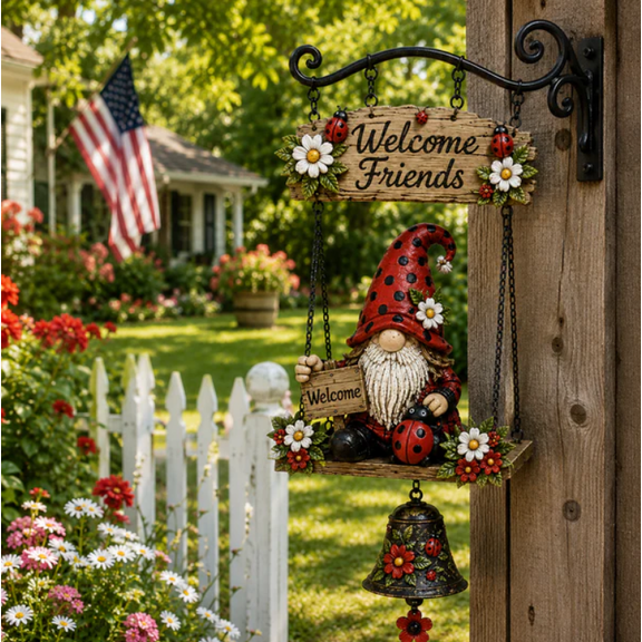 Welcome Friends Hanging Gnome Decor , Ladybug & Daisy Gnome Hanging Welcome Sign with Decorative Bell, Weatherproof Resin Outdoor Porch Wall Ornament
