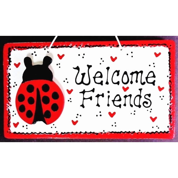 Welcome Friends Ladybug Family Sign Wall Art Door Hanger Plaque Deck Patio Decor