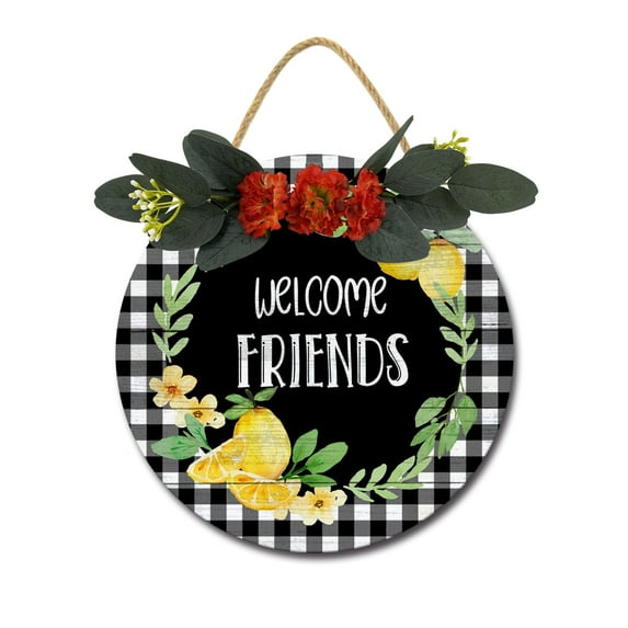 Welcome Friends Lemon Wreath Door Sign Home Decor Round Wood Wreaths Wall Hanging Sign Farmhouse Porch Sign Front Door Decoration for Housewarming Gift All Seasons Holiday,11In