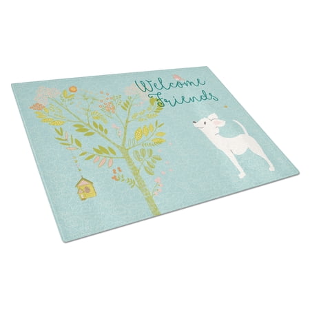 Welcome Friends White Chihuahua Glass Cutting Board Large