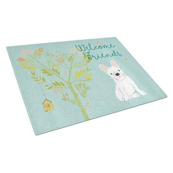 Welcome Friends White French Bulldog Glass Cutting Board - Large - White - Large