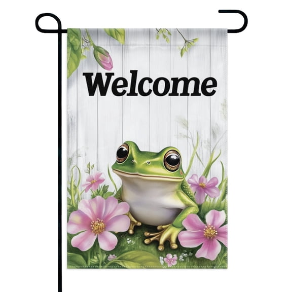 Welcome Frog Pink Flowers Garden Flags 12×18 Inch Double Sided Decorative Yard Banner Seasonal Flag for Outdoor Outside Decor