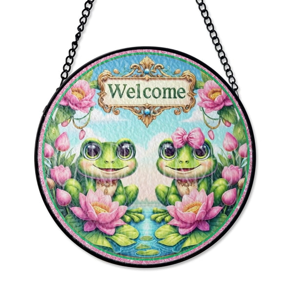 Welcome Frog Summer Suncatcher Stained Glass Style UV Printed Glass Funny Amphibian Pond Decor Round