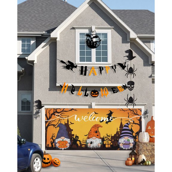 Welcome Garage Door Banner Cover 7 x 8 ft Halloween Retro Flying Wizard Gnome Garage Door Decoration Hanging Garage Door Cover Backdrop Wall Decoration for Outdoor Indoor Home Party