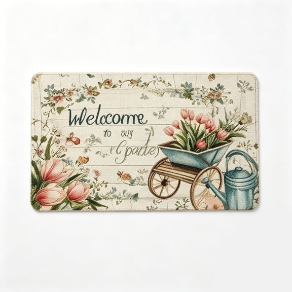 Welcome Garden Cart Watering Can Floor Mat Spring Botanical Doormat