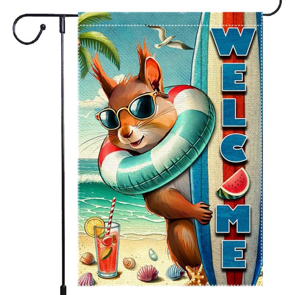 Welcome Garden Flag 12.5X18 Inch Double Side Burlap beach Surfboards Squirrel Summer Garden Flags Home Outdoor Yard Lawn Coastal Decorations