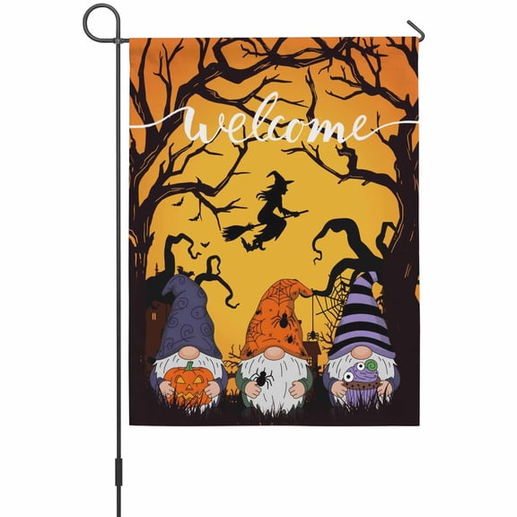 Welcome Garden Flag 12 x 18 Inches, Halloween Retro Flying Wizard Gnome Weather Proof Outdoor Patio Flags Double Sided Small Garden Decoration for Yard Outside Home