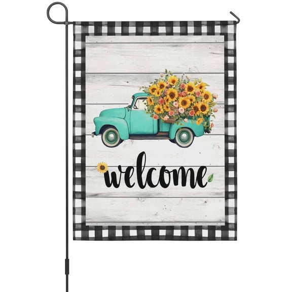 Welcome Garden Flag 12 x 18 Inches, Summer Flowers Truck Wood Grain Black White Lattice Frame Weather Proof Outdoor Patio Flags Double Sided Small Garden Decoration for Yard Outside Home