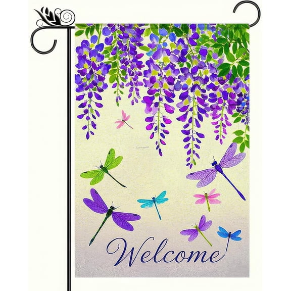 Welcome Garden Flag 12x18 Double Sided Small Flags Dragonfly Flower Design for Spring Summer Garden Flags Decoration Outside Outdoor Holiday Seasonal Decor Yard Flags