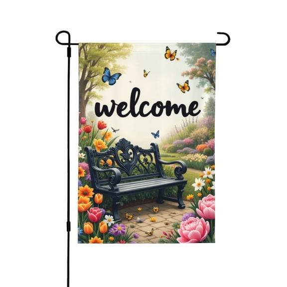Welcome Garden Flag 12x18, Double Sided Spring Garden Bench Butterfly Flowers Yard Flag Outdoor Décor