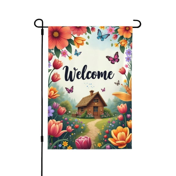 Welcome Garden Flag 12x18 Inch Double Sided – Beautiful Floral Butterflies And Cozy Cabin Yard Decoration For Spring, Summer, Outdoor Lawn & Patio