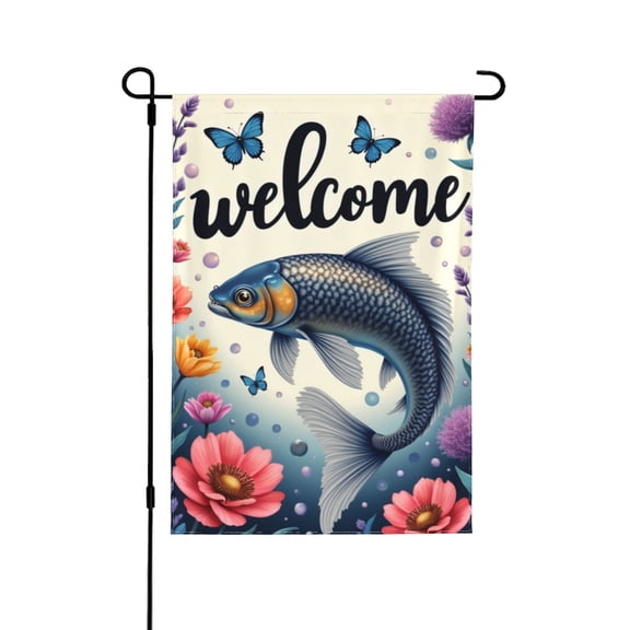Welcome Garden Flag 12x18 Inch Double Sided Koi Fish & Flowers Aquatic Floral Design Yard Flag Outdoor Decoration For Garden, Patio, And Lawn
