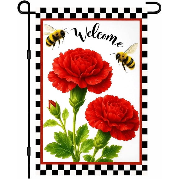 Welcome Garden Flag 12x18 Inch Double Sided Spring Summer Garden Yard Flags Red Carnation Flowers Bees Decorative Small Flags for Outdoor Seasonal Front Door Lawn Porch Patio Decor Yard Flag