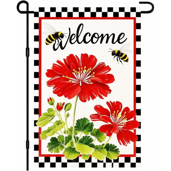 Welcome Garden Flag 12x18 Inch Double Sided Spring Summer Garden Yard Flags Red Geranium Flowers Bees Decorative Small Flags for Outdoor Seasonal Front Door Lawn Porch Patio Decor Yard Flag