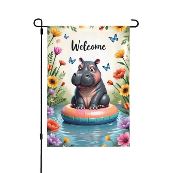 Welcome Garden Flag 12x18 Inch Double Sided Summer Hippopotamus Floating Outdoor Yard House Flag With Butterflies And Flowers, Seasonal Patio Decoration Banner