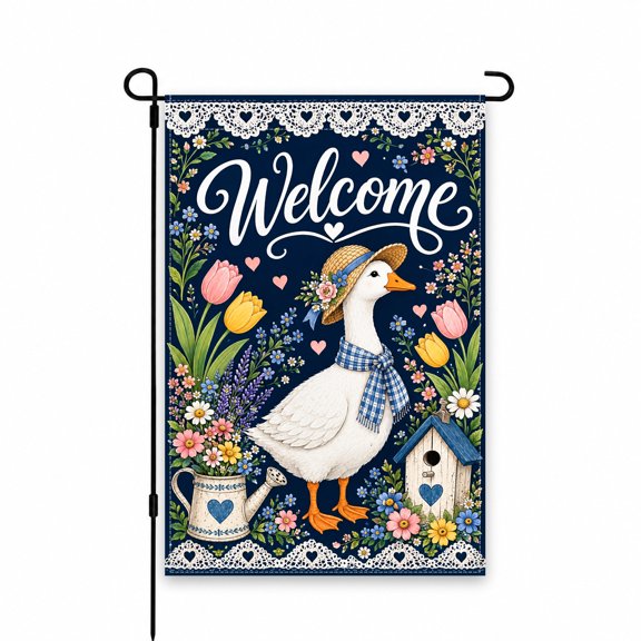 Welcome Garden Flag 12x18 Inch - Goose & Floral Design with Lace Border - Perfect Decorative Yard & Patio Decor for Spring Outdoor Display