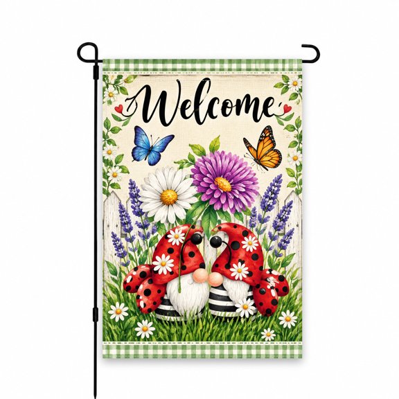 Welcome Garden Flag 12x18 Inch - Ladybug Gnomes with Flowers and Butterflies Design, Perfect Patio, Lawn, Outdoor Decor for Spring and Summer