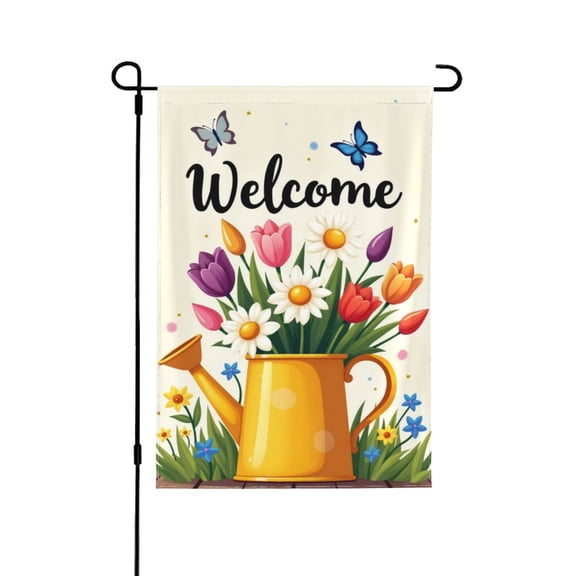 Welcome Garden Flag 12x18 Inch, Spring Summer Floral Butterfly Watering Can Double Sided Outdoor Yard House Flag, Farmhouse Terrace Patio Lawn Decorations