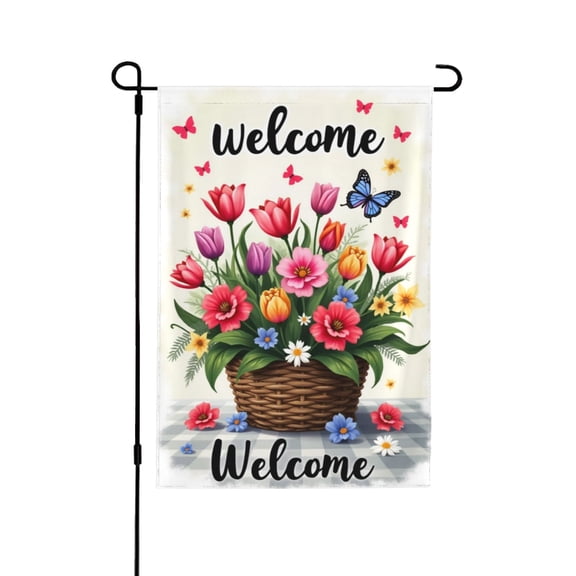 Welcome Garden Flag 12x18 Inch, Spring Summer Floral Butterfly Welcome Yard Flag, Double Sided Outdoor House Decor, Farmhouse Terrace Gazebo Decoration, Vivid Flowers And Butterflies Banner