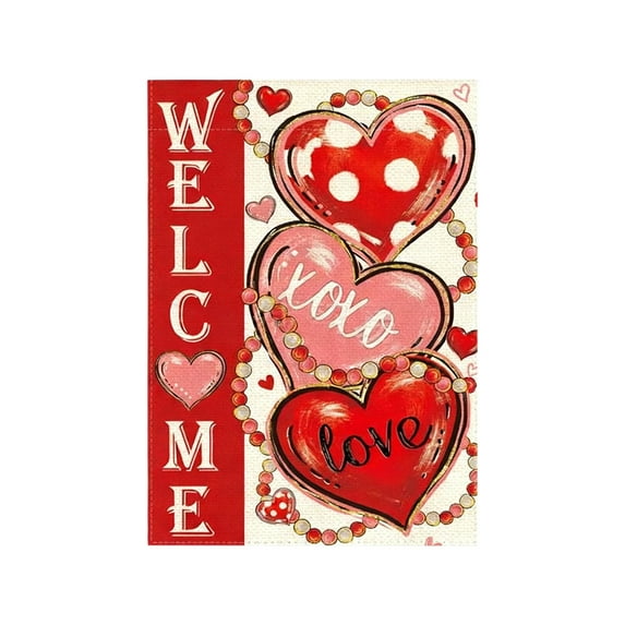 Welcome Garden Flag 12x18 Inches Heart Pattern Valentines's Day Yard Flag for Outside Decor Holiday Outdoor Decorations for Home (D)