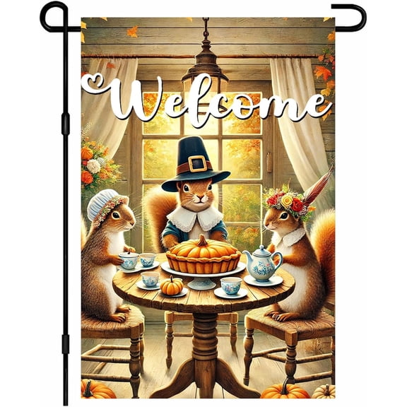 Welcome Garden Flag Autumn Garden Flag Adorable Squirrels Tea Party Decorative Garden Flags Pumpkin Pie Festive Fall Scene Outdoor Yard Banner 12x18 Inch Double Sided Home Accent