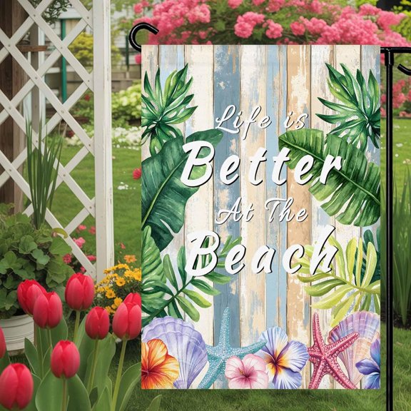 Welcome Garden Flag Beach Flower Palm Leaf on Retro Wood Double Sided House Flags Yard Decoration, Summer Shell Starfish Banners for Outdoor Indoor Holiday Decor 12x18in
