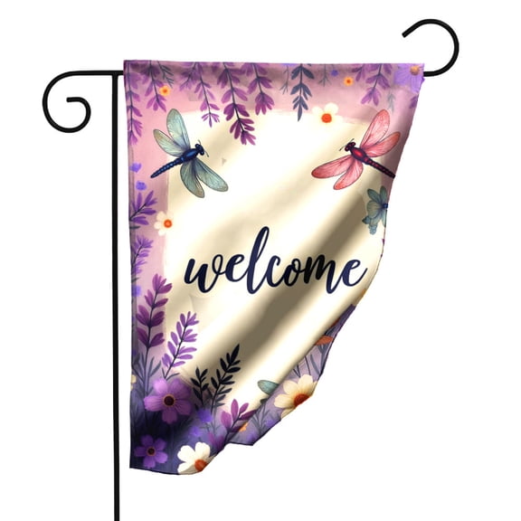 Welcome Garden Flag Colorful Dragonflies Floral Design Double Sided Polyester Decorative Yard Flag for Outdoor Patio Lawn Decor 12.5x18 Inch#28961