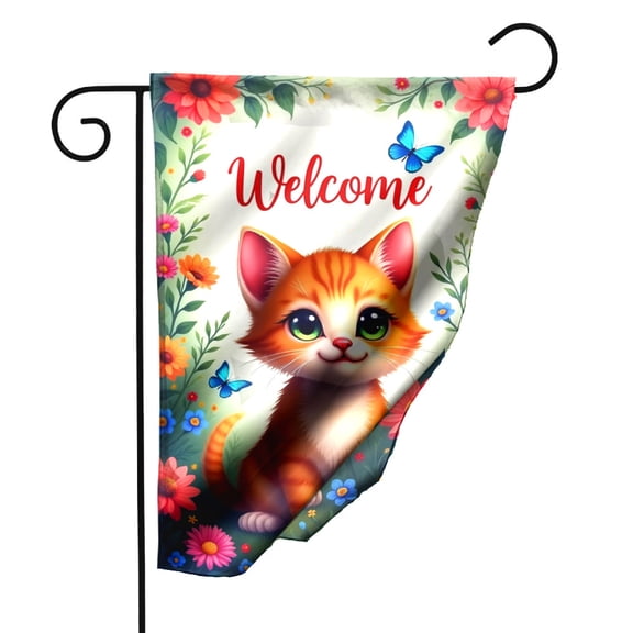 Welcome Garden Flag with Cute Orange Kitten Floral Butterflies Design Double Sided Polyester Decorative Yard Banner for Outdoor Home Garden Decor 12.5x18 Inch#24731