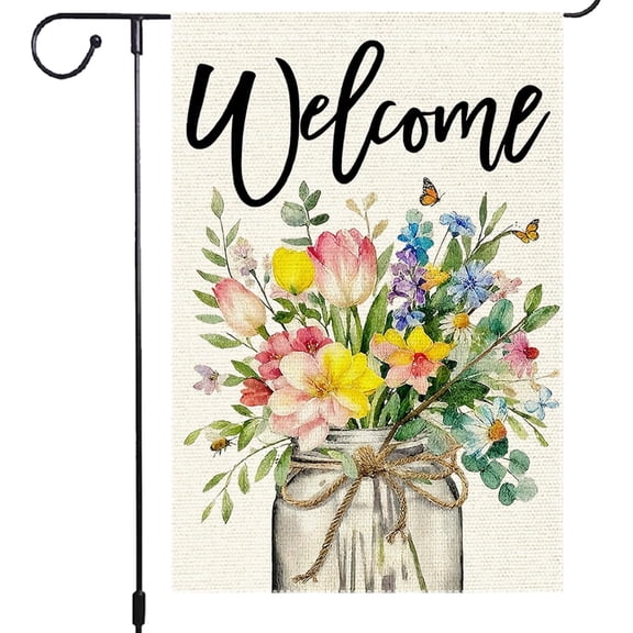 Welcome Garden Flag Double-Sided Burlap Colorful Flower Jar Design 12 x 18 Inch Vibrant Outdoor Décor for Spring and Summer