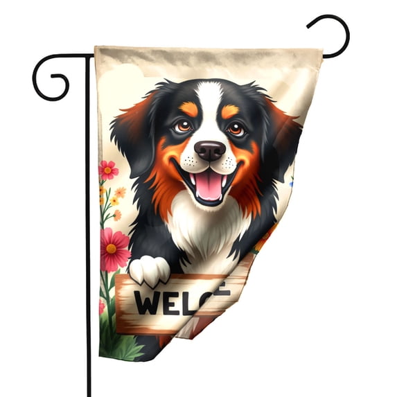 Welcome Garden Flag Double Sided Polyester Decorative Yard Banner with Adorable Bernese Mountain Dog Holding Welcome Sign and Flowers Design 12.5x18 Inch for Outdoor Lawn Patio Decor#28501